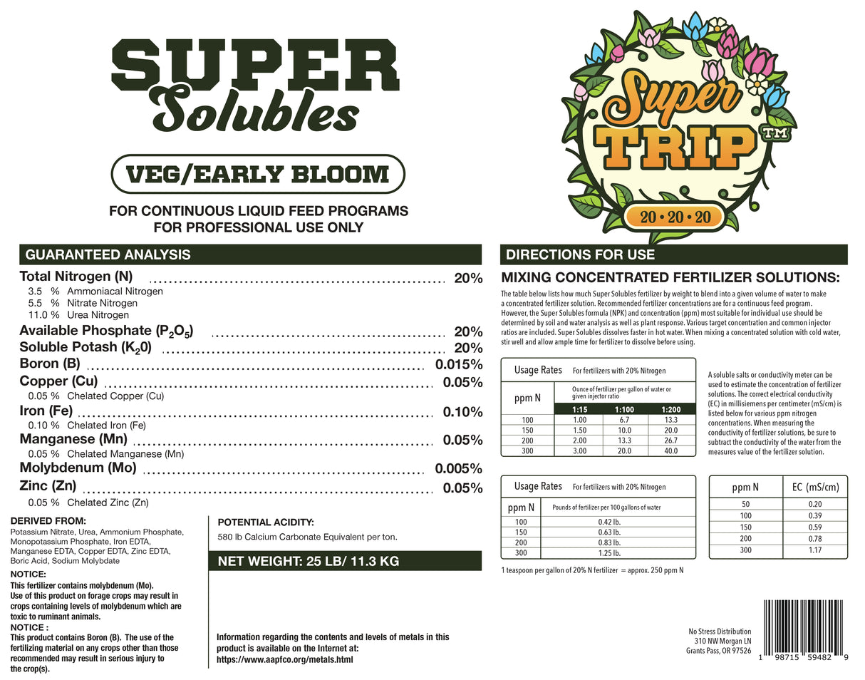 Super Solubles Super Trip (Veg/Early Bloom) 20-20-20, 25 lbs.