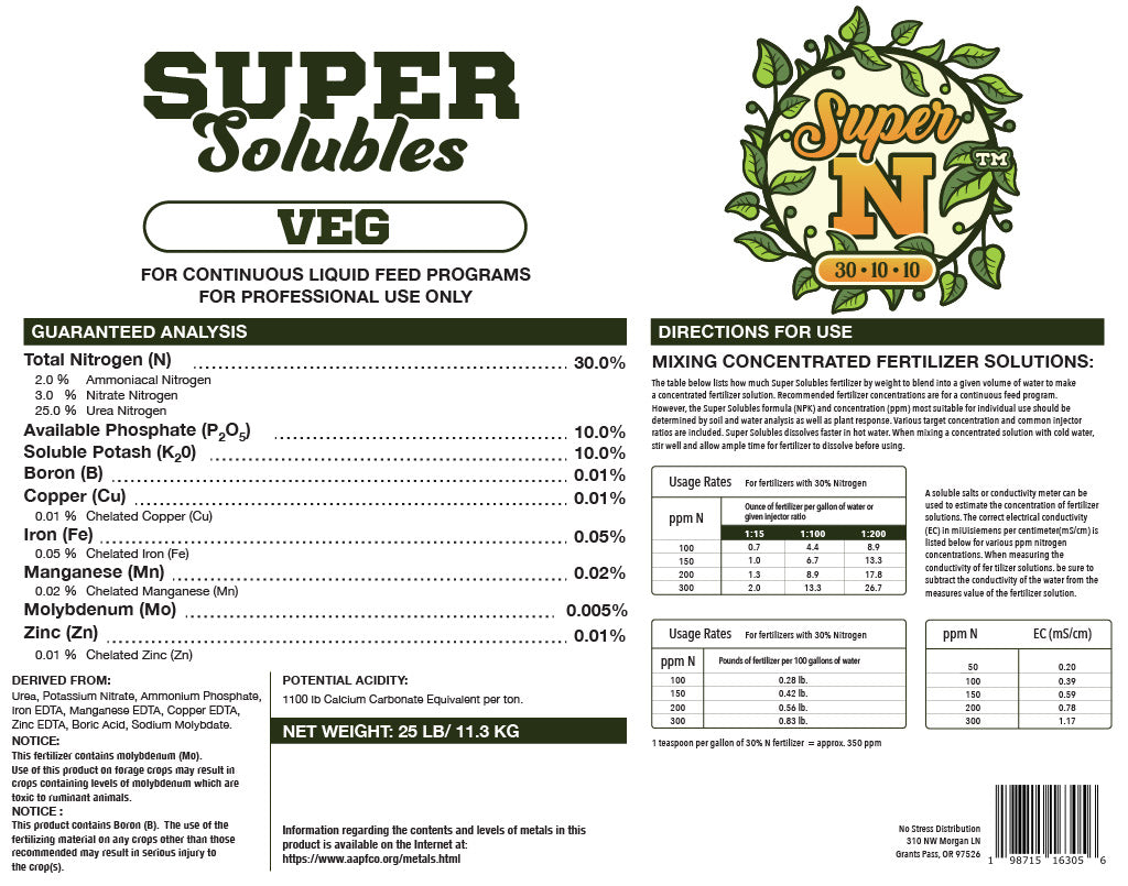 Super Solubles Super N (Veg) 30-10-10, 25 lbs.