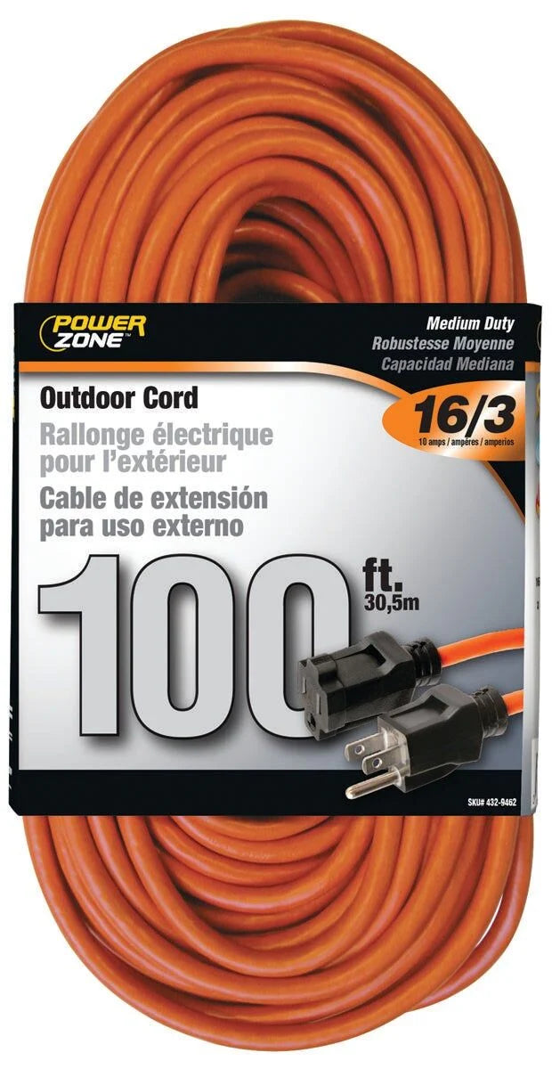 PowerZone Medium Duty Extension Cord, 16/3, 125V Orange - 100'